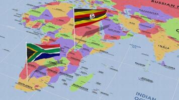 Uganda e sul África bandeira acenando com a mundo mapa, desatado ciclo dentro vento, 3d Renderização video