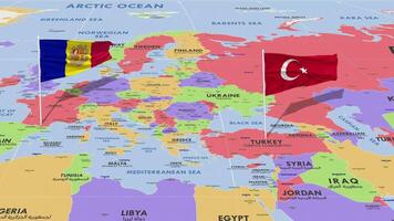 andorra y Turquía bandera ondulación con el mundo mapa, sin costura lazo en viento, 3d representación video