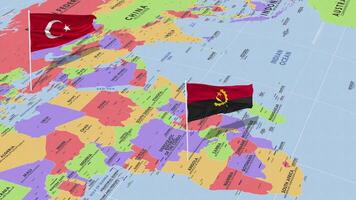 Angola and Turkey Flag Waving with The World Map, Seamless Loop in Wind, 3D Rendering video