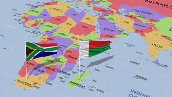Madagascar e Sud Africa bandiera agitando con il mondo carta geografica, senza soluzione di continuità ciclo continuo nel vento, 3d interpretazione video