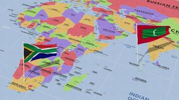 Maldivas y sur África bandera ondulación con el mundo mapa, sin costura lazo en viento, 3d representación video