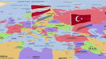 Austria and Turkey Flag Waving with The World Map, Seamless Loop in Wind, 3D Rendering video