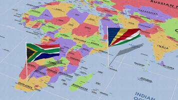 seychelles y sur África bandera ondulación con el mundo mapa, sin costura lazo en viento, 3d representación video