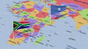 Somalia y sur África bandera ondulación con el mundo mapa, sin costura lazo en viento, 3d representación video