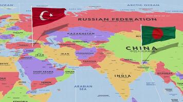 Bangladesh and Turkey Flag Waving with The World Map, Seamless Loop in Wind, 3D Rendering video