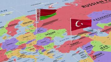 bielorrusia y Turquía bandera ondulación con el mundo mapa, sin costura lazo en viento, 3d representación video