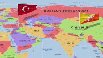 Bhutan and Turkey Flag Waving with The World Map, Seamless Loop in Wind, 3D Rendering video