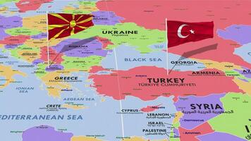 norte macedonia y Turquía bandera ondulación con el mundo mapa, sin costura lazo en viento, 3d representación video