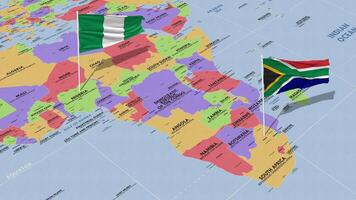 Nigeria y sur África bandera ondulación con el mundo mapa, sin costura lazo en viento, 3d representación video