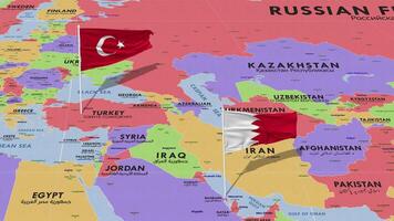 Bahrain and Turkey Flag Waving with The World Map, Seamless Loop in Wind, 3D Rendering video