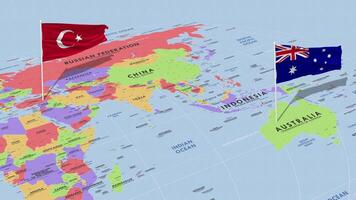 Australia and Turkey Flag Waving with The World Map, Seamless Loop in Wind, 3D Rendering video