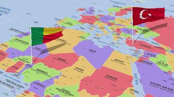 benin e Peru bandeira acenando com a mundo mapa, desatado ciclo dentro vento, 3d Renderização video