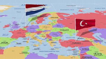 Netherlands and Turkey Flag Waving with The World Map, Seamless Loop in Wind, 3D Rendering video