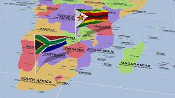 Zimbábue e sul África bandeira acenando com a mundo mapa, desatado ciclo dentro vento, 3d Renderização video