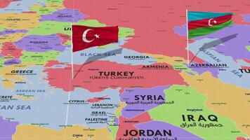 Azerbaijan and Turkey Flag Waving with The World Map, Seamless Loop in Wind, 3D Rendering video