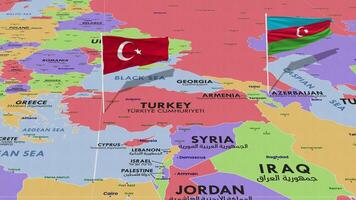 azerbaiyán y Turquía bandera ondulación con el mundo mapa, sin costura lazo en viento, 3d representación video