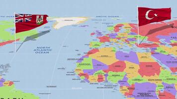 islas Bermudas y Turquía bandera ondulación con el mundo mapa, sin costura lazo en viento, 3d representación video