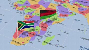 malawi y sur África bandera ondulación con el mundo mapa, sin costura lazo en viento, 3d representación video