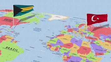 Bahamas and Turkey Flag Waving with The World Map, Seamless Loop in Wind, 3D Rendering video