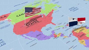 Panama and United States Flag Waving with The World Map, Seamless Loop in Wind, 3D Rendering video