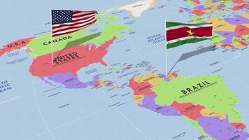 Surinam y unido estados bandera ondulación con el mundo mapa, sin costura lazo en viento, 3d representación video