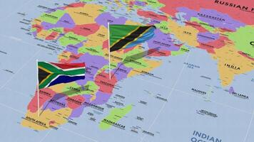 Tanzania y sur África bandera ondulación con el mundo mapa, sin costura lazo en viento, 3d representación video