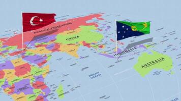 territorio de Navidad isla y Turquía bandera ondulación con el mundo mapa, sin costura lazo en viento, 3d representación video