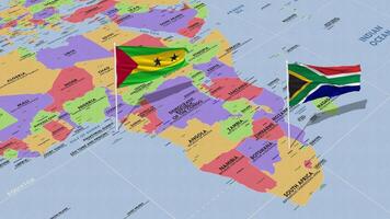 sao a mi y principe y sur África bandera ondulación con el mundo mapa, sin costura lazo en viento, 3d representación video