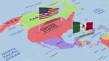 mexico y unido estados bandera ondulación con el mundo mapa, sin costura lazo en viento, 3d representación video