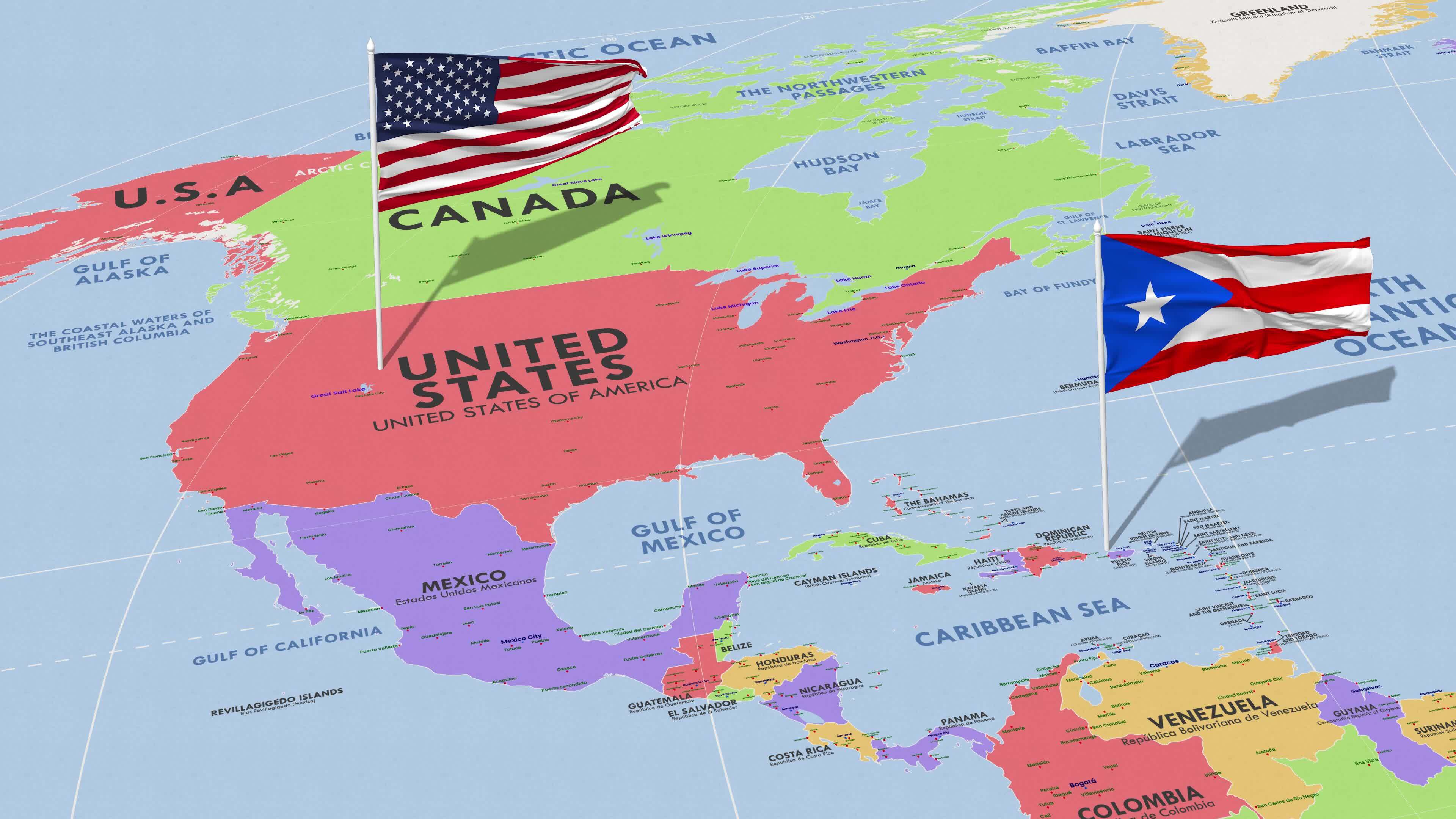 Puerto Rico And United States Flag Waving With The World Map Seamless Puerto Rico And United States Flag Waving With The World Map Seamless Loop In Wind 3d Rendering Free Video