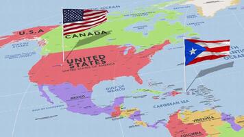 porto rico e Unidos estados bandeira acenando com a mundo mapa, desatado ciclo dentro vento, 3d Renderização video