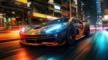 AI generated Visualize the sleek, futuristic car gracefully gliding through a bustling cityscape at night, bathed in the vibrant glow of neon lights, streaks of light trailing behind photo