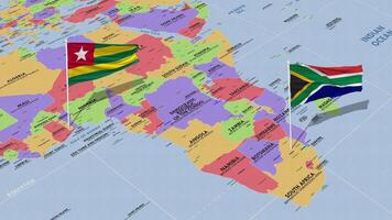 ir e sul África bandeira acenando com a mundo mapa, desatado ciclo dentro vento, 3d Renderização video