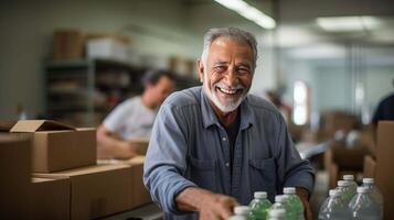 AI generated A wise gentleman with a gentle expression diligently sorted through donated food and water at a makeshift relief center, carefully arranging them into labeled boxes photo