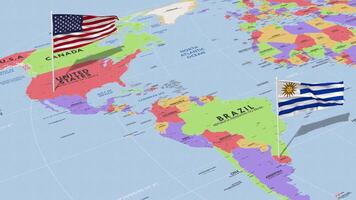 Uruguai e Unidos estados bandeira acenando com a mundo mapa, desatado ciclo dentro vento, 3d Renderização video