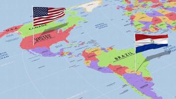 Paraguay and United States Flag Waving with The World Map, Seamless Loop in Wind, 3D Rendering video