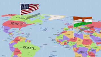 Níger e Unidos estados bandeira acenando com a mundo mapa, desatado ciclo dentro vento, 3d Renderização video