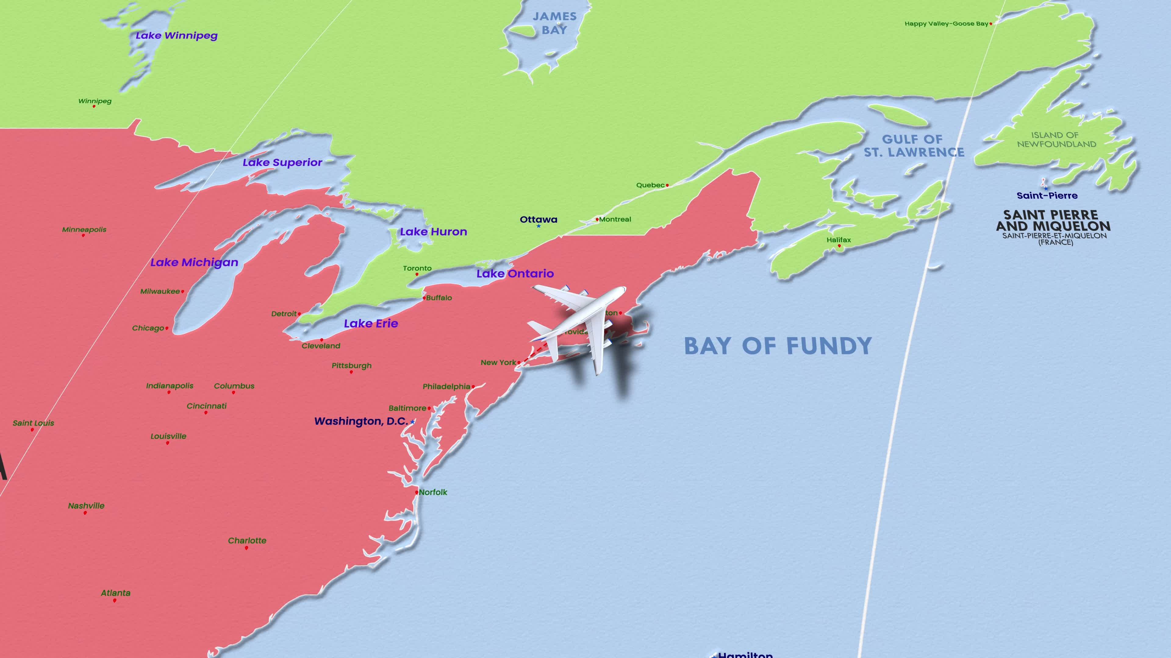New York to London Flight Route of Airplane flying on the World Map