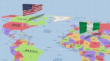 Nigéria e Unidos estados bandeira acenando com a mundo mapa, desatado ciclo dentro vento, 3d Renderização video