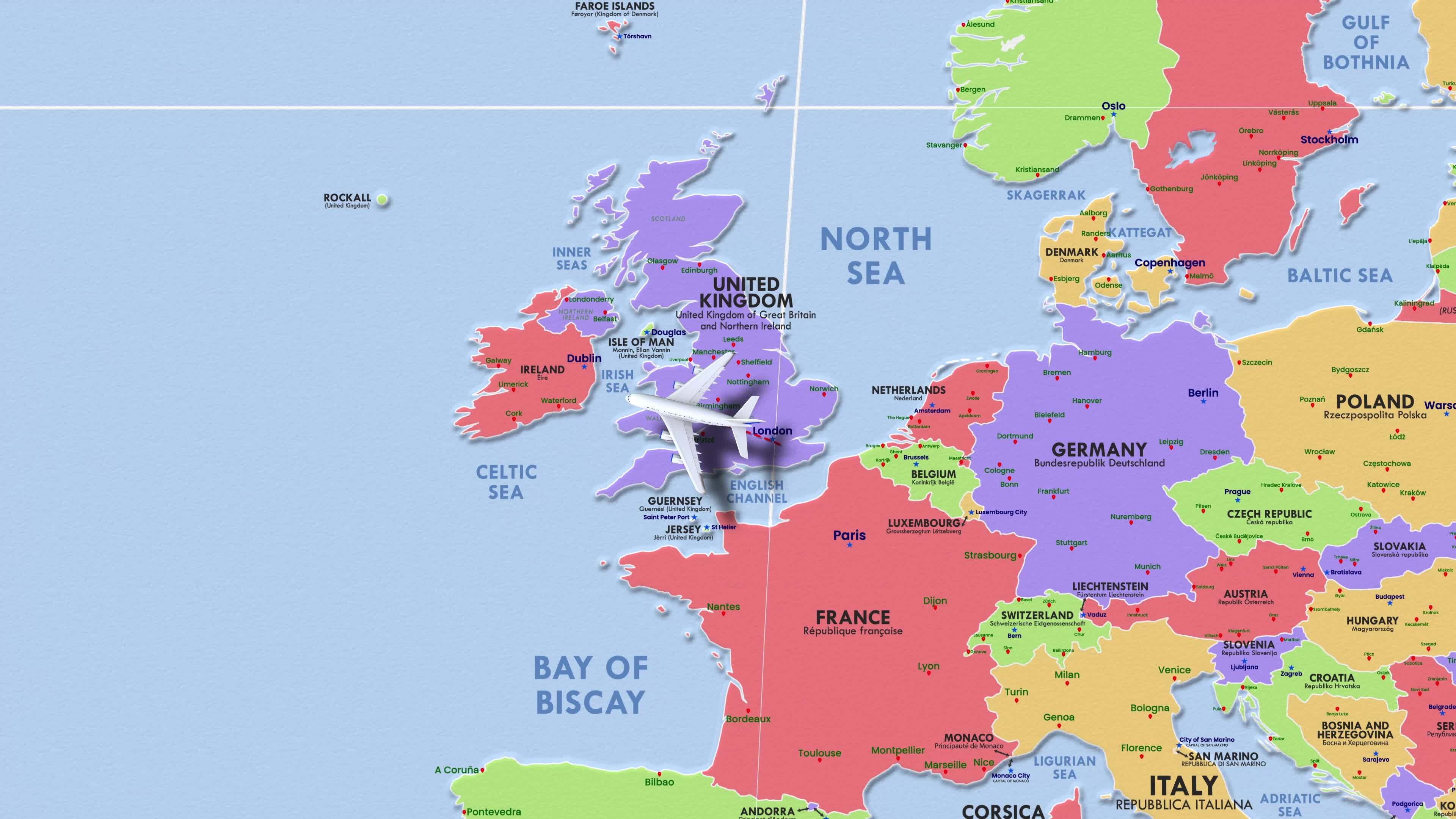 London to New York Flight Route of Airplane flying on the World Map