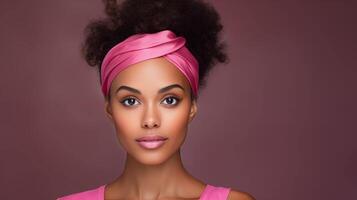 AI generated Amidst a dreamy atmosphere of soft beige and pink tones, a radiant young African-American woman captivates with her flawless, glowing skin and vibrant pink headband photo