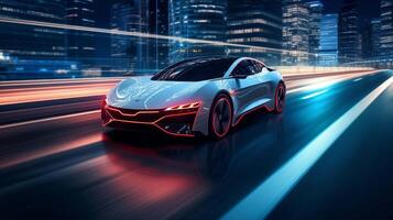 AI generated A cutting-edge electric vehicle zooming down a neon-lit highway, surrounded by skyscrapers towering into the dark sky, reflections of city lights dancing on the sleek car's surface photo