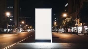 ai generado en esta Bosquejo, un blanco blanco vertical publicidad bandera cartelera estar es situado en el acera en medio de el serenidad de el noche, sus limpiar superficie rígido en contra el oscuro fondo foto