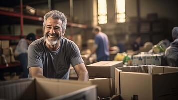 AI generated An empathetic senior man with a gentle grin meticulously sorting through bundles of donated food and water at a community outreach center photo