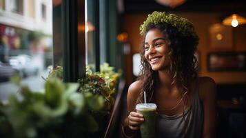 ai generado un encantador joven dama radiante alegría como ella disfruta un verde verde zalamero en un pintoresco café configuración, con grande ventanas con vista a un bullicioso ciudad calle foto