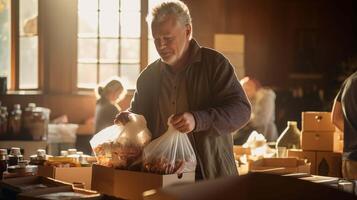 AI generated a community center's bustling food bank, a mature man in a worn-out sweater meticulously sorts through boxes of donated provisions photo