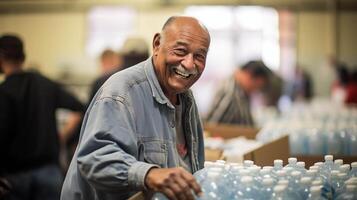 ai generado en medio de el ajetreo y bullicio de un comunidad centro, un más viejo Caballero con un tipo sonrisa arregla donado comida y agua, estantería desbordante con suministros foto