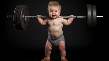 AI generated a dark backdrop, a humorous scene unfolds as a strong baby lifts a comically oversized barbell, their chubby cheeks puffing out with exertion, a determined expression photo