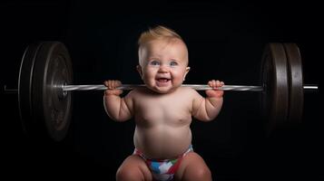 ai generado gracioso fuerte bebé levantamiento un cómicamente de gran tamaño barra con pesas terminado un oscuro fondo, su gordito las mejillas resoplando fuera con esfuerzo, un determinado expresión foto