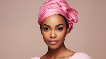 ai generado un agraciado joven africano americano mujer poniéndose un elegante rosado venda, su fresco, rociado piel contrastando en contra un moderno, minimalista antecedentes foto